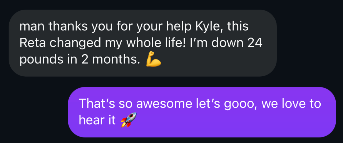 Real customer DM — Retatrutide, down 24 lbs in 2 months